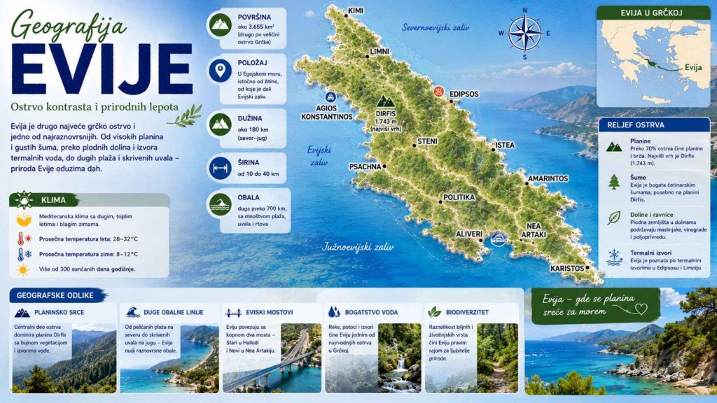 Geografija Evije – površina, planine i tri prirodne celine